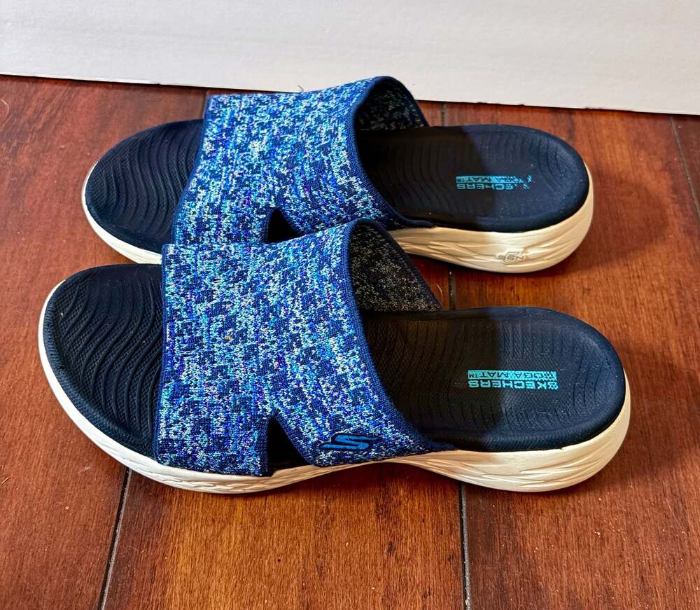 Skechers GoWalk Yoga Mat Blue Knit Slide Sandals - Picture 2 of 6